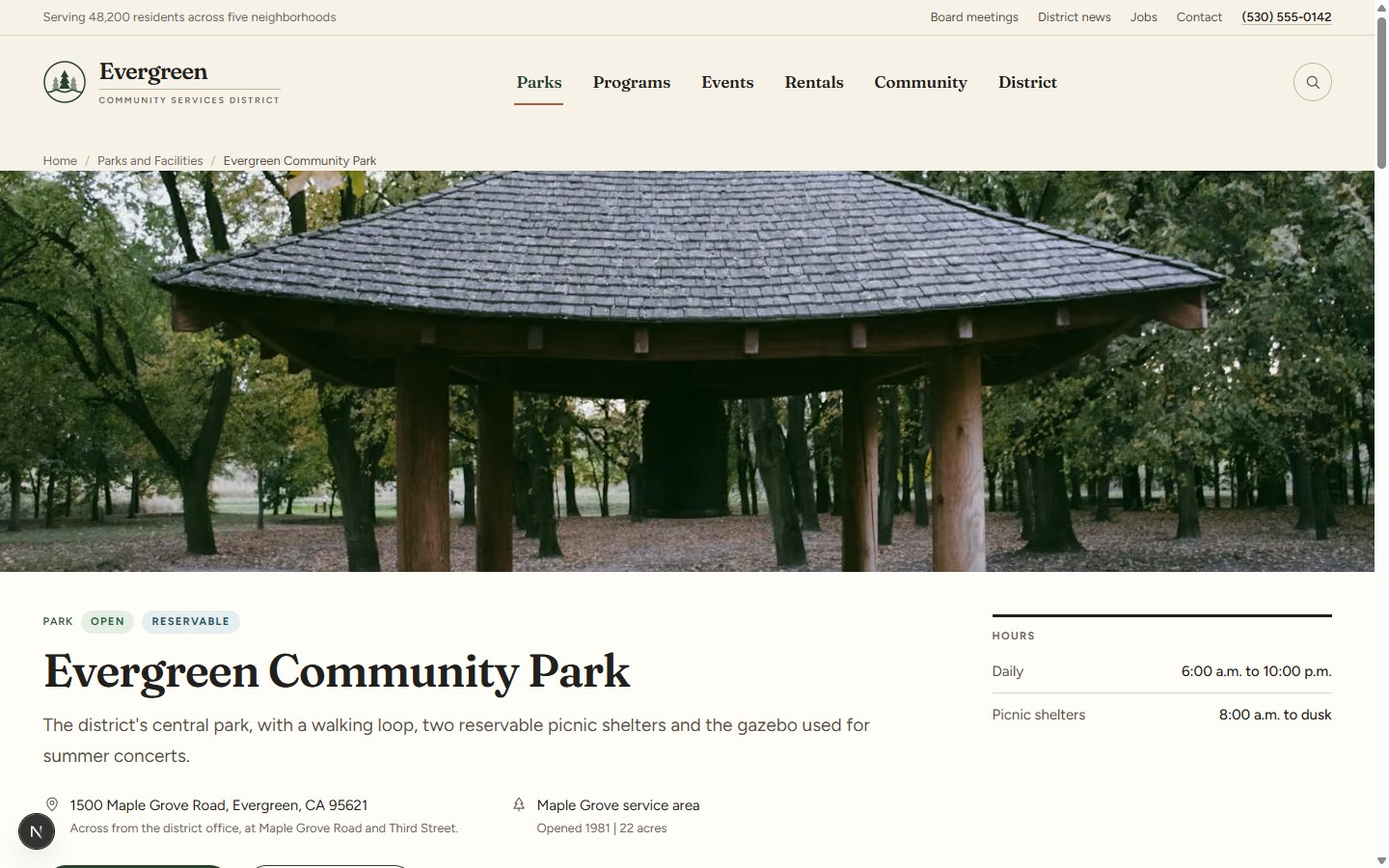 The Evergreen Community Park page, with a wide photograph above the park name, status, address and hours panel.