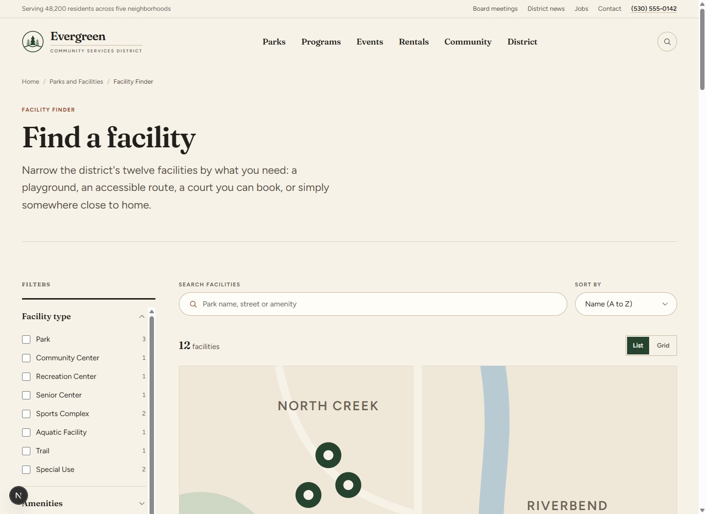 The facility finder, showing faceted filters with result counts beside each option and a schematic district diagram above the results.