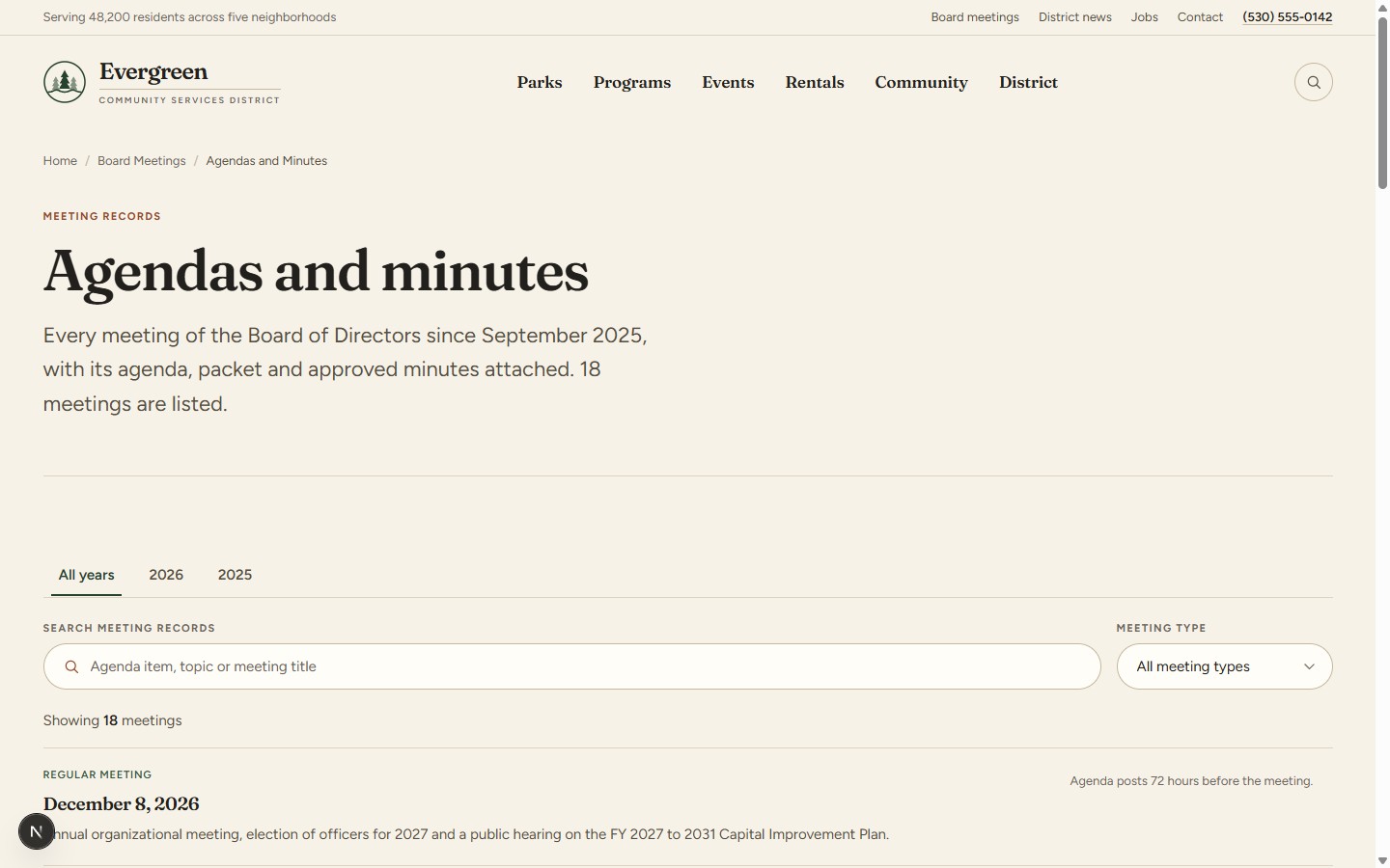 The meeting archive, with year tabs, a topic search and each meeting row exposing its agenda, packet and minutes as direct downloads.
