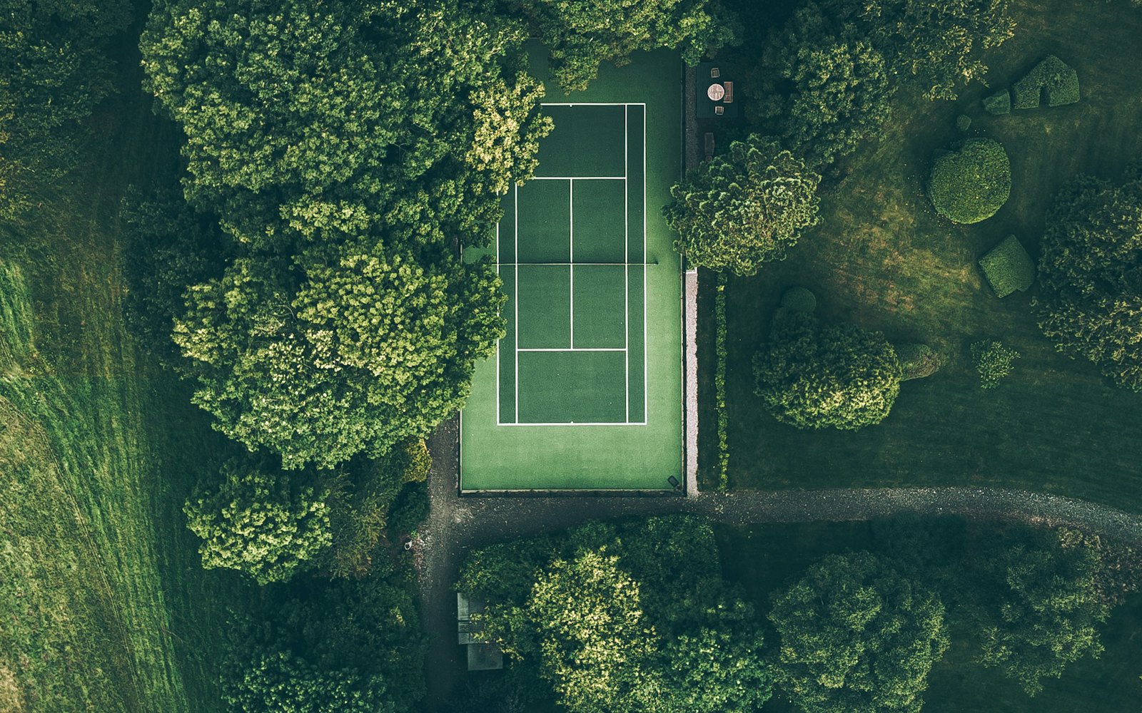 An aerial view of a tennis court surrounded by trees at the Hillcrest Racquet and Pickleball Center.